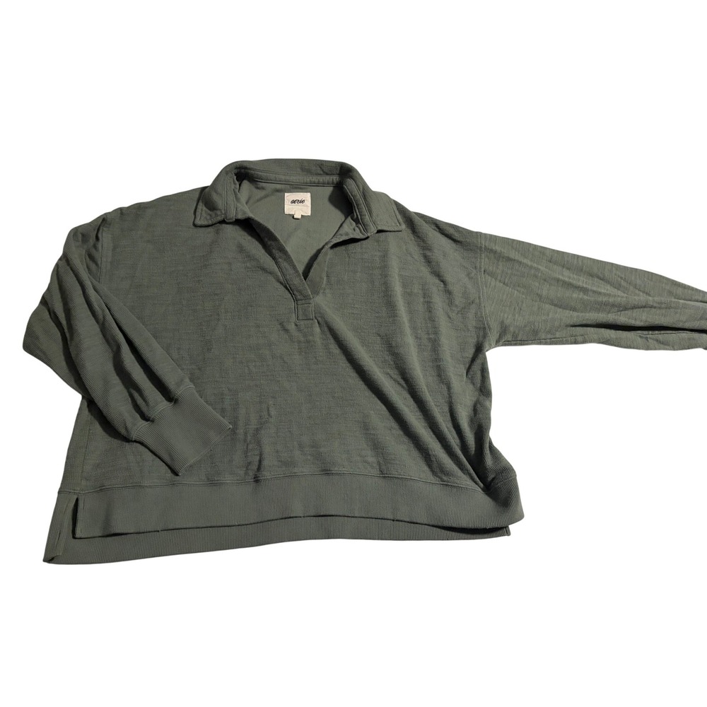 Aerie Pullover Polo Waffle Knit‎ Sage Green Oversized V-Neck Top Large